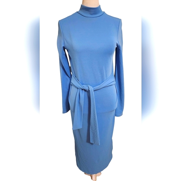 NOISY MAY Ribbed Longsleeve Mock Neck Stretch Midi Dress Tie Front.Blue. S NWT - Picture 1 of 16